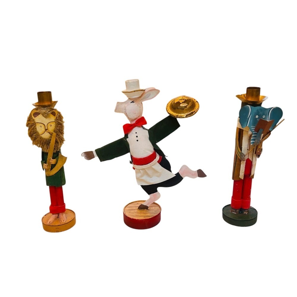 Vintage Circus Animal‎ Figurine Trio Lion Pig Elephant Metal Candle Holders 3pc
